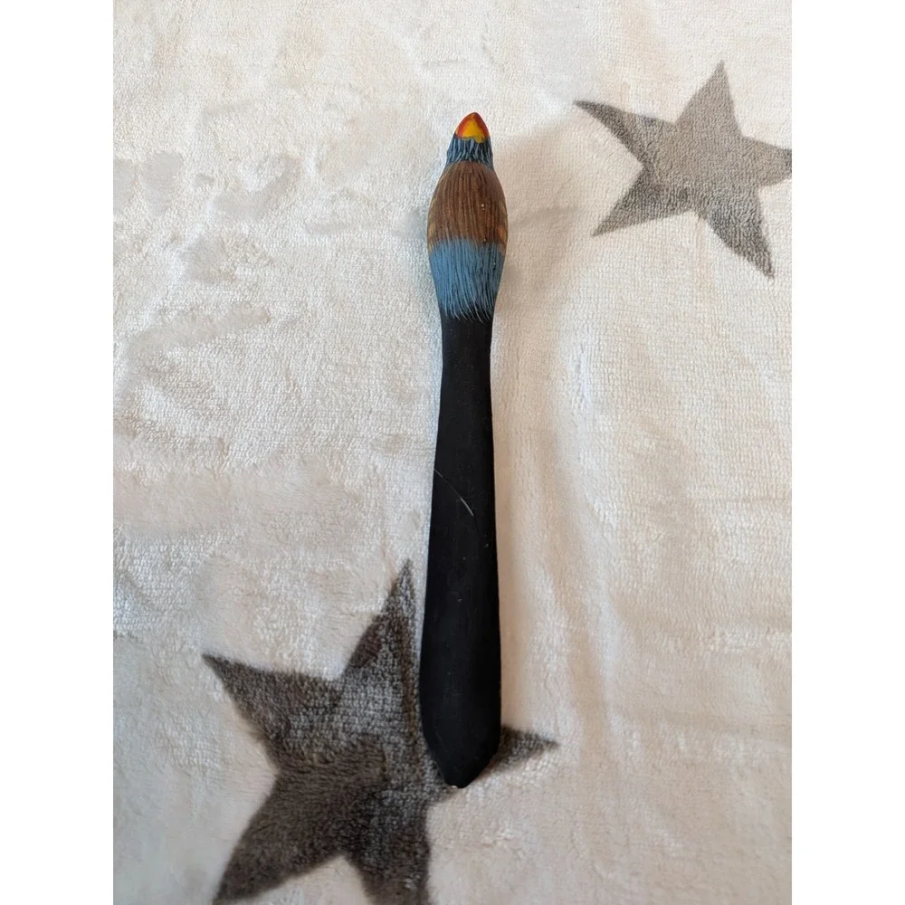 Green Parrot Hand-Carved Hand-Painted Wood Folk Art Bird Letter Opener Glass Eye